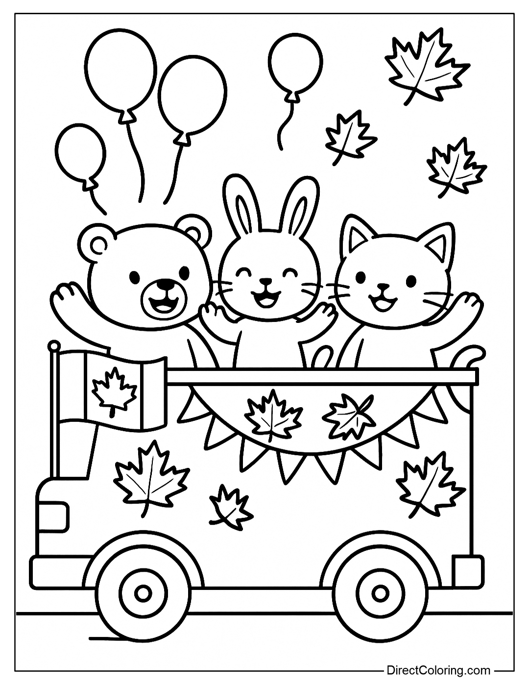 A coloring page of a float decorated with flags, balloons and maple leaves.